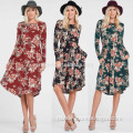 wholesale new design latest lady dress designs photos floral flower pattern print knee length pocket evening dress long sleeve